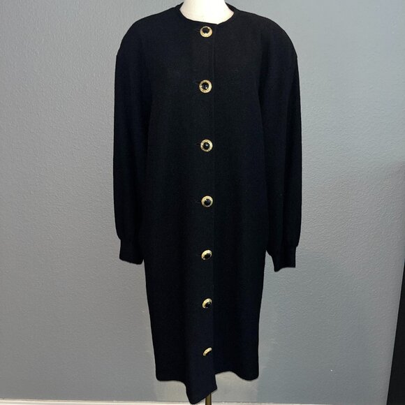VINTAGE ST. JOHN BLACK KNIT COAT - POCKETS &  BALLOON SLEEVES MADE IN USA EUC 16 - Picture 1 of 16